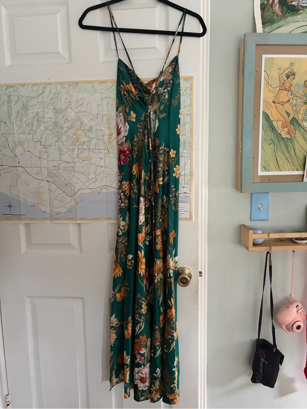 12th Tribe Teal Floral Slip Dress with Pink & Gold Blooms - Picture 2 of 4